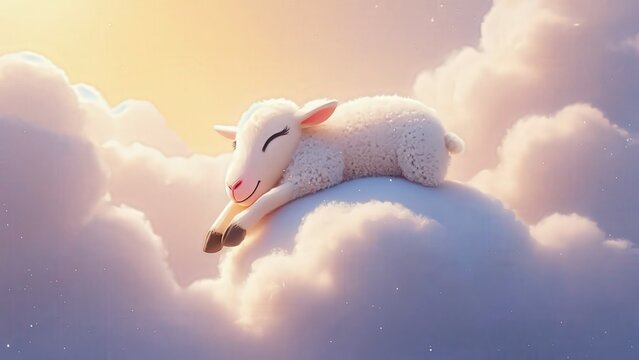 Cute Lamb Sleeping on a Cloud: Dreamy Illustration for Children, Sleep, Comfort, and Serenity Stock Photo