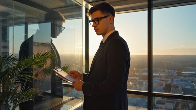 Businessman reviewing documents near large windows with city view, showcasing professional success and modern office environment.