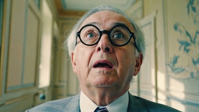 Surprised elderly gentleman in suit and glasses, looking upwards with shock and astonishment in a classic interior setting.