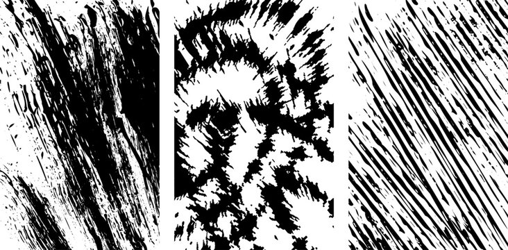 Abstract grunge texture set, collection of black ink splashes and distressed vector scratch line patterns for modern design elements
