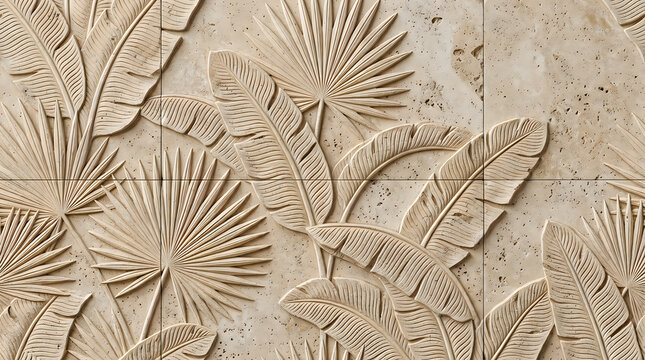 3d embossed tropical palm leaves pattern on a grey concrete wall texture for modern interior design