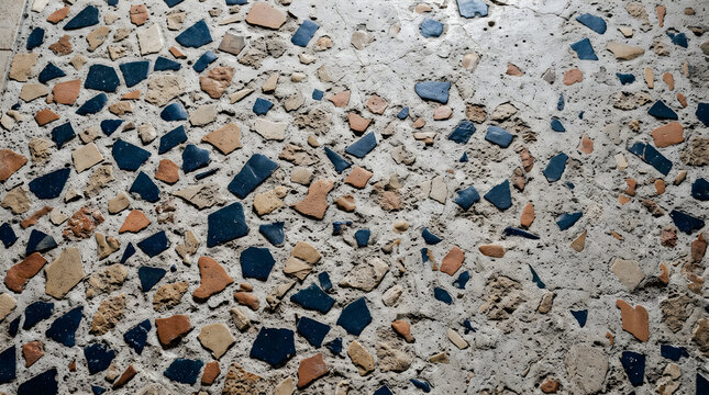 Abstract terrazzo floor pattern with grey concrete and colorful stone chips surface texture
