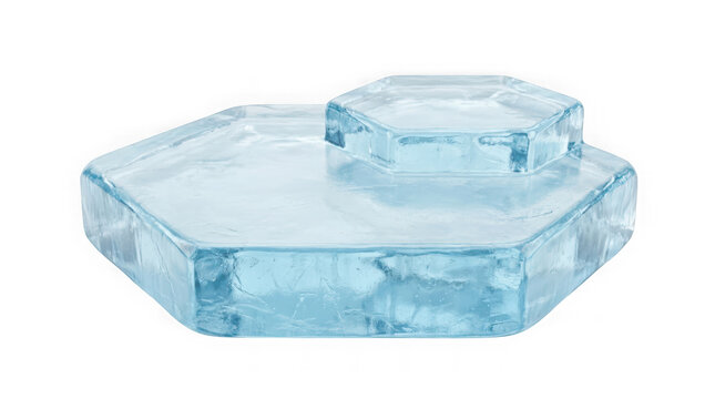 A transparent blue hexagonal ice block isolated on transparent background