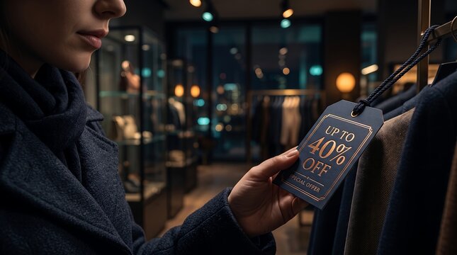 Customer examining a clothing tag with discount pricing at a retail store shopping boutique merchandise consumer