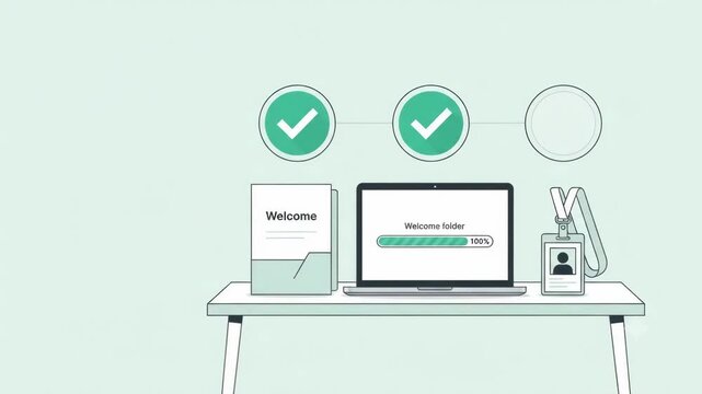 Corporate onboarding animation featuring office desk with welcome folder and ID badge