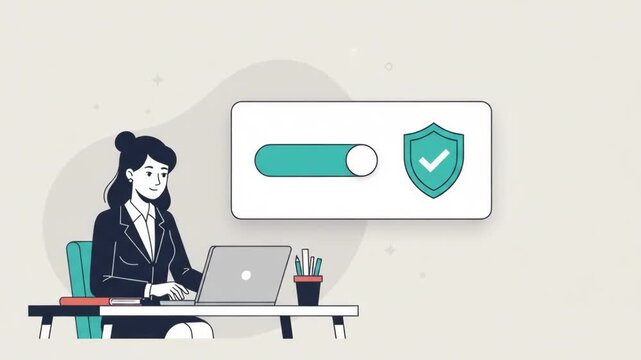 Businesswoman Working on Laptop Activating Cybersecurity Protection with Toggle Switch and Shield Icon