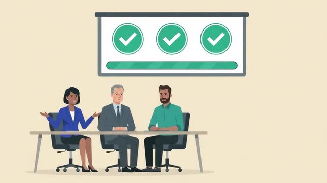 Business Team in a Meeting Room Watching a Loading Progress Bar with Checkmarks on a Projector Screen