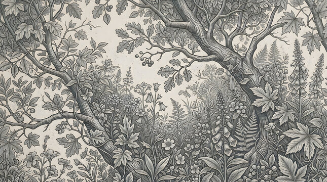 Detailed black and white engraving illustration of a dense forest with trees and wild plants