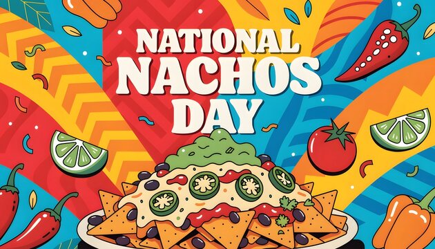 Vibrant national nachos day banner with colorful food illustrations