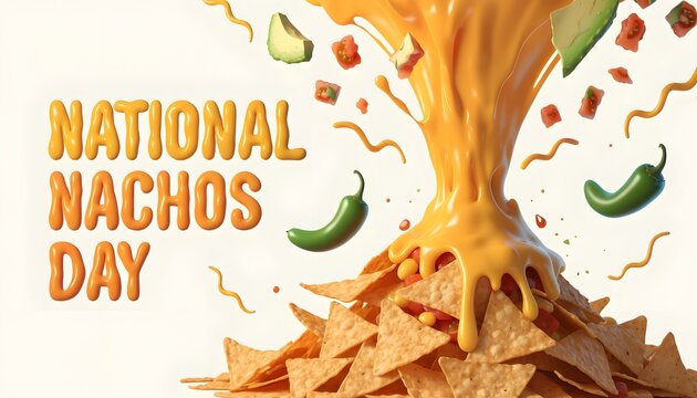 National nachos day banner with melted cheese pouring over corn chips