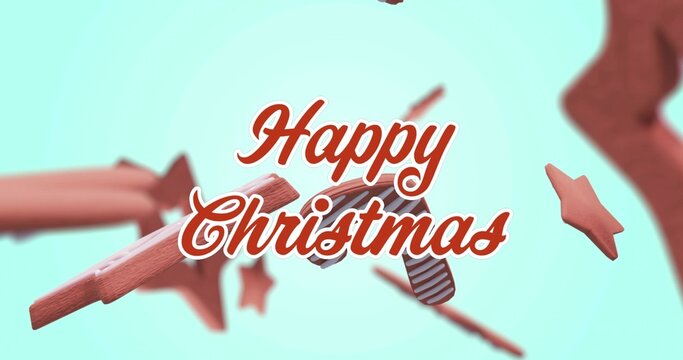 Displaying centered Happy Christmas script on teal background with candy-canes, stars, wood planks