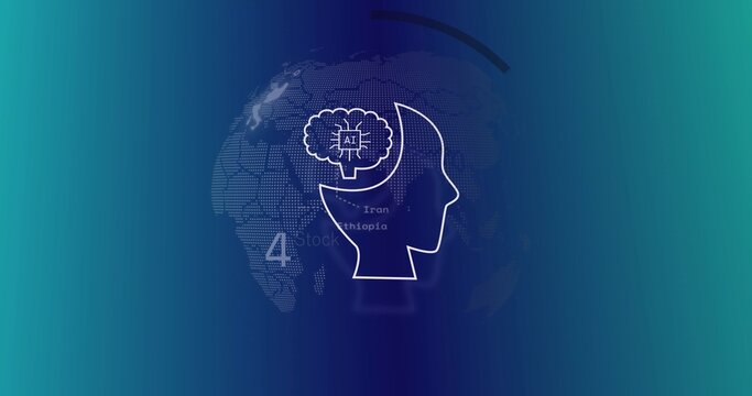 Featuring white head silhouette with AI chip brain over dotted globe on teal navy gradient