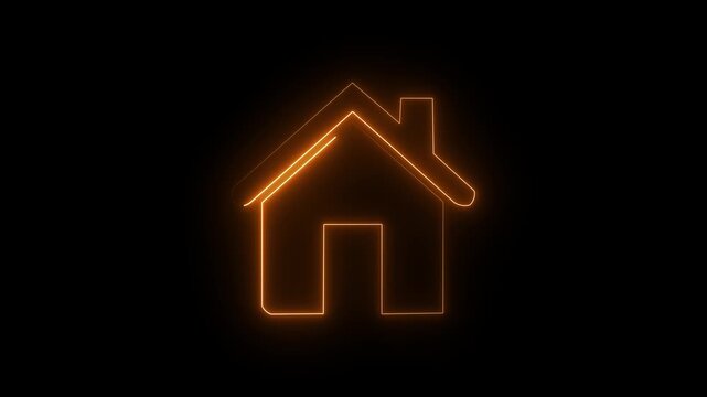 Orange neon house icon on dark background, glowing residential home symbol.