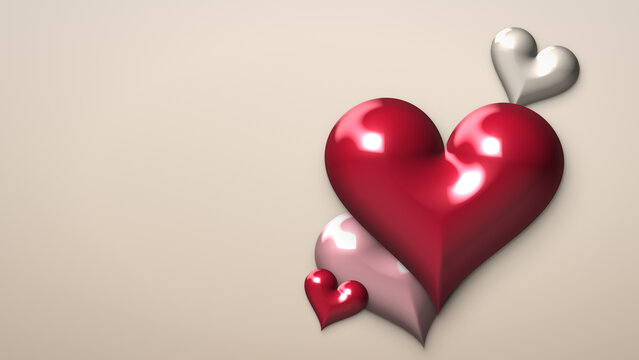 Valentine&rsquo;s Day 3D Glossy Red Hearts on Warm Beige Background