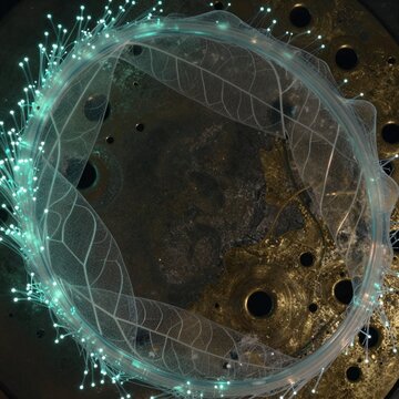 digital art piece appears digital illustration circular object dark background object series interconnected lines dots form wave like pattern lines white appear glowing creating futuristic intricate