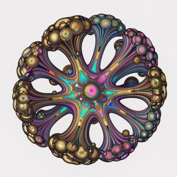 digital art piece appears mandala like design multiple layers intricate patterns shapes layer having unique color design center mandala bright pink circle blue center surrounded smaller circles