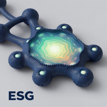 rendering blue colored object word esg written white capital letters bottom object appears multiple interconnected spheres unique shape size spheres arranged symmetrical pattern largest sphere center