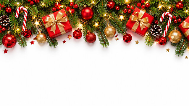 Christmas holiday flat lay with gift boxes ornaments and festive decorations on white background