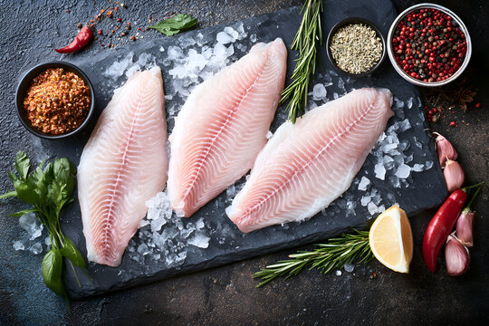 A crisp raw Pangasius fillet white fish, seasoned with spices, served on an ice base against a dark stone backdrop. Seafood, top-down view, flat lay, suitable for captions