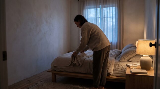 Woman arranging a blanket on a bed in a cozy bedroom during the evening hours