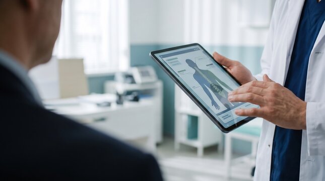 A doctor shows a patient a digital diagram of a human spine on a tablet screen