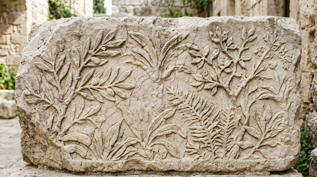 Ancient stone block with detailed plant and leaf carvings in an old archaeological park setting