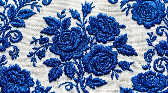 Beautiful seamless pattern with dark blue roses and floral leaves on a light textured background