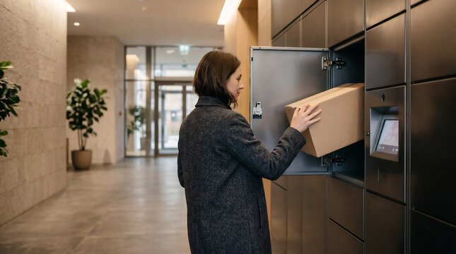 Woman retrieving a cardboard package from an automated parcel locker in a modern building lobby
