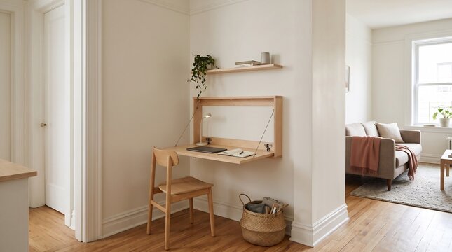 Minimalist wall mounted wooden desk with chair in a bright apartment living room corner with small plant shelf