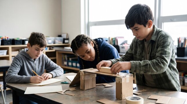 Three diverse students working together on a cardboard engineering project in a classroom setting