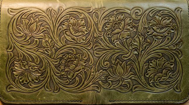 Green leather wallet with detailed floral embossed pattern and traditional western carving style