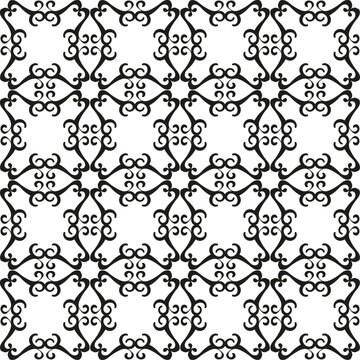 Black Ornamental Damask Tile Pattern with Repeating Scrollwork on White
