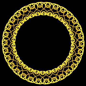 Bright Gold Circular Scrollwork Ring Frame on Black Background
