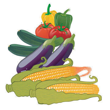 Collection of vegetables with eggplants, cucumbers, sweet corn, green bell peppers, yellow bell peppers, and ripe tomatoes.
