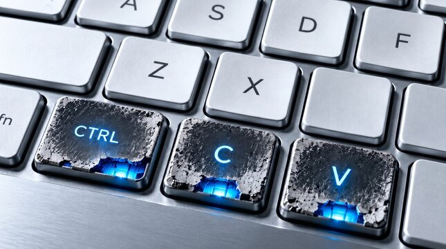 Damaged keyboard with glowing Ctrl C V keys