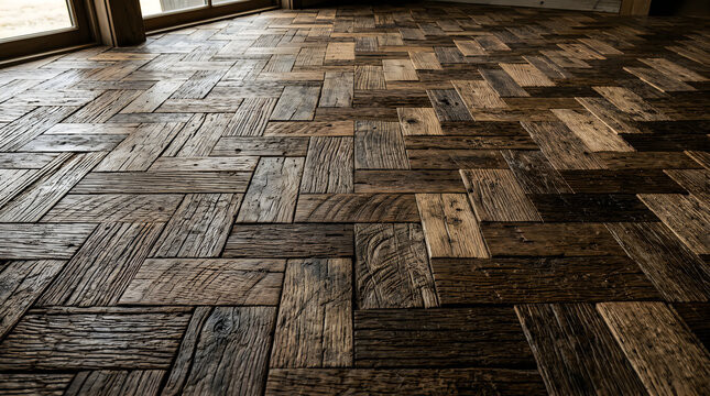 Rustic dark brown wooden floor with a herringbone pattern inside a modern house