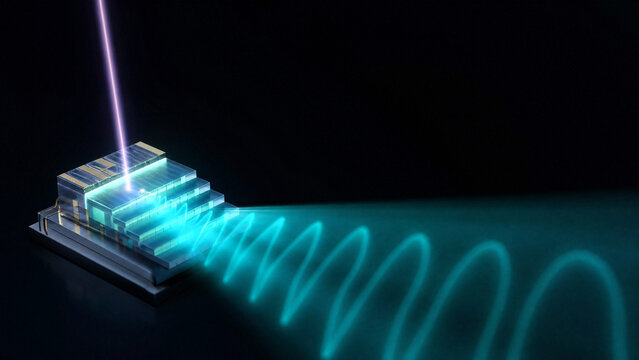 3D photoconductive antenna tilted wavefront THz pulse concept, translucent stepped semiconductor gap with glowing angled THz pulse stream with copy space