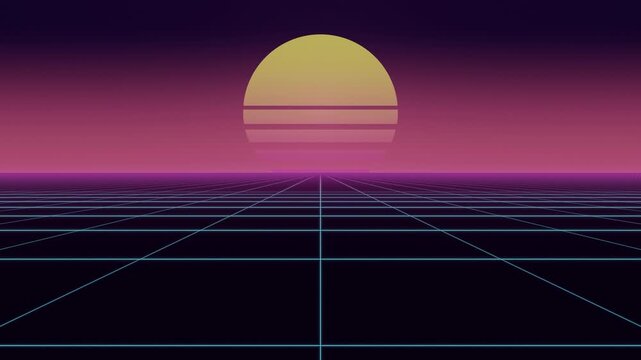 Retro synthwave neon grid moving toward sunset sun, 80s retrowave background, seamless loop