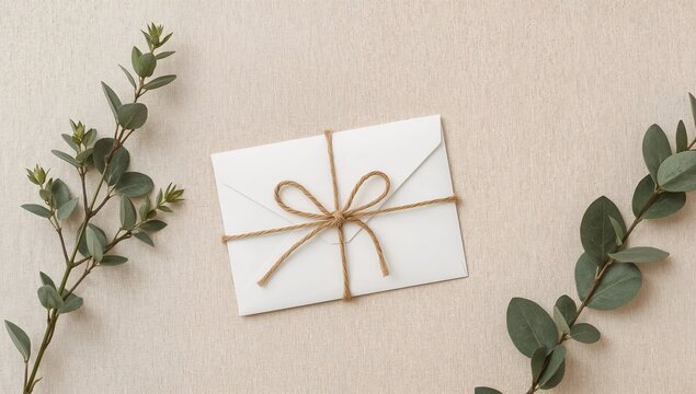 A white envelope tied with twine and decorated with green leaves