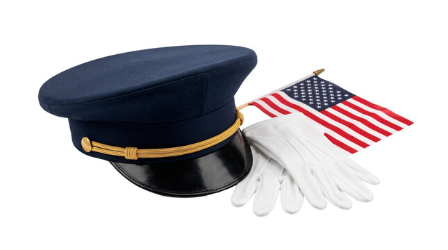 Military Dress Cap with White Ceremonial Gloves and American Flag, No Background, Transparent PNG