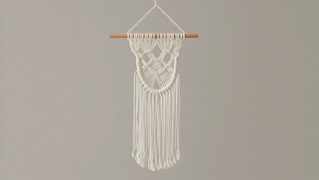 A macrame piece hanging from a wooden pole