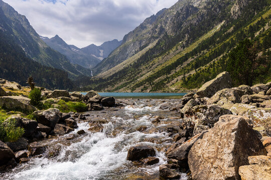 Outlet of the Lac de Gaube, the Gave de Gaube torrent, rushing down the valley towards the Cascade du Pont d&rsquo;Espagne, Parc National des Pyr&eacute;n&eacute;es, Cauterets, summer