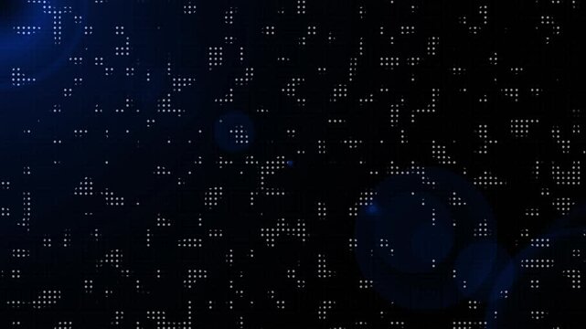 Screen animation displays optical lens flares and pixelated patterns. Technology visual data coordinates guide active screen animation. Consoles operate with screen.