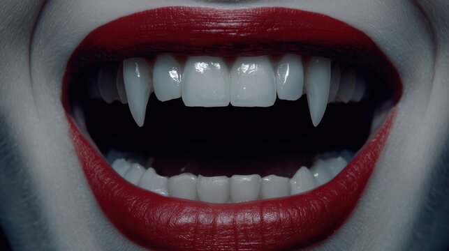 Dramatic close-up of vampire fangs with glossy red lipstick against dark background. Gothic horror aesthetic perfect for Halloween promotions, supernatural themes, and dark fantasy concepts.