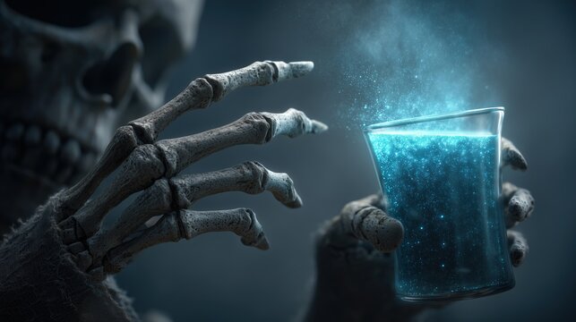 Skeletal bony hand clutches a glowing blue potion in a glass beaker, emanating mystical light in a dark atmospheric scene perfect for Halloween horror themes