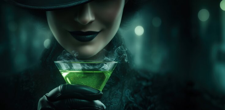 Mysterious woman with dark lipstick and elegant hat holds glowing green cocktail in shadowy atmosphere. Halloween party glamour with noir aesthetic and seductive mystique.