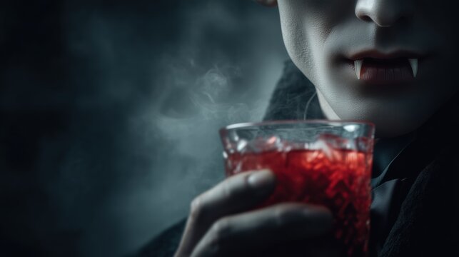 Mysterious vampire with sharp fangs holds a glass of blood red cocktail in dark atmospheric Halloween setting evoking gothic horror and supernatural elegance