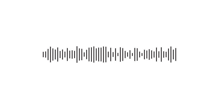 Black vertical line audio waveform on white background. Minimalist sound wave bars in a short single horizontal row with small peaks. Abstract monochrome rhythm design for music, podcast, voice,