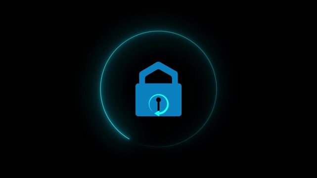 Padlock icon animation displays a circular refresh arrow on dark space. Security data protection confirms through padlock icon. Authorization portals use padlock icon.