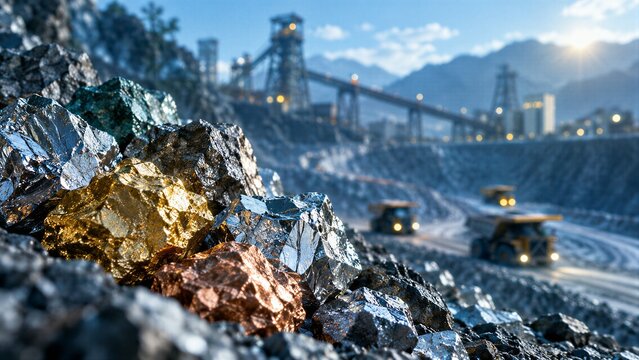 Close-up of Critical Metallic Minerals with Reflective Textures, Showcasing Essential Resources Against a Blurred Mining and Industrial Background.